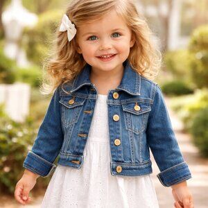 BCBG Denim Jacket Girls Toddler 4T Classic Blue Cropped Gold Buttons timeless